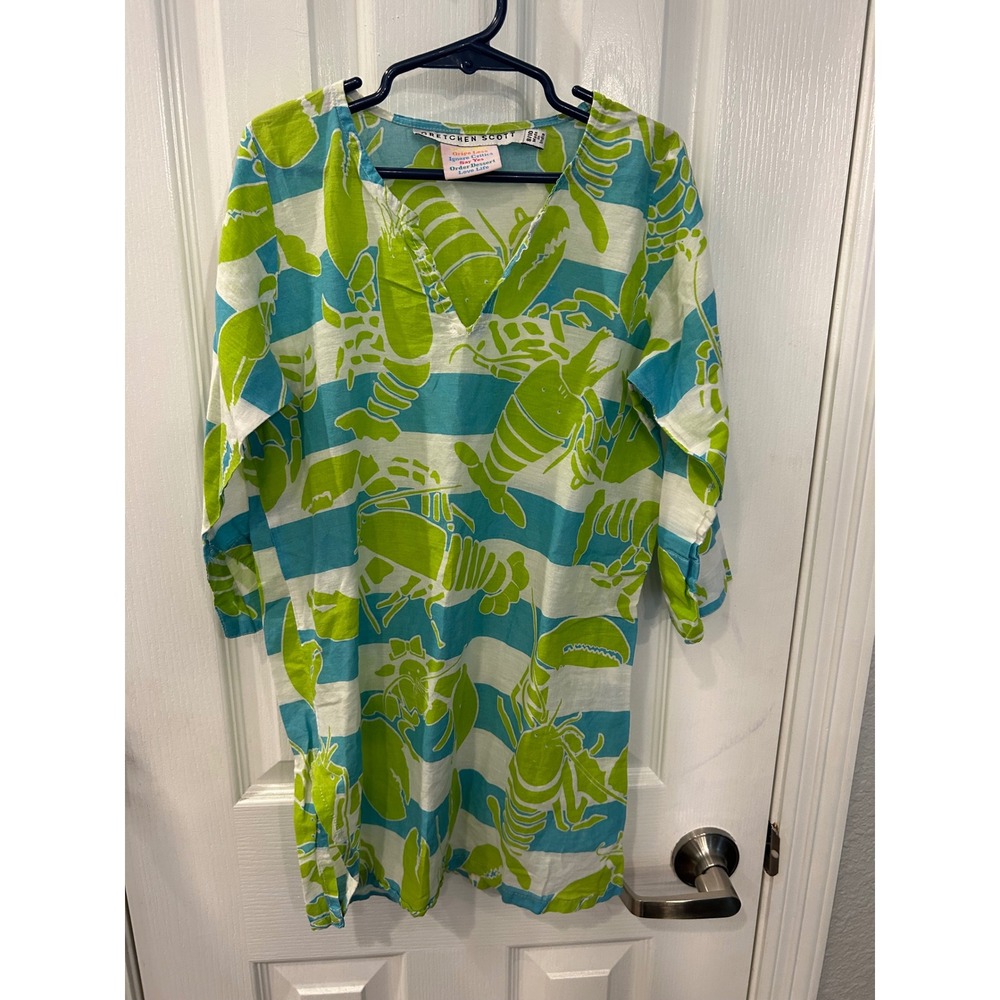Gretchen Scott Tunic Top Green Blue Lobster Striped Beach Cover Up Kids‎ 8/10
